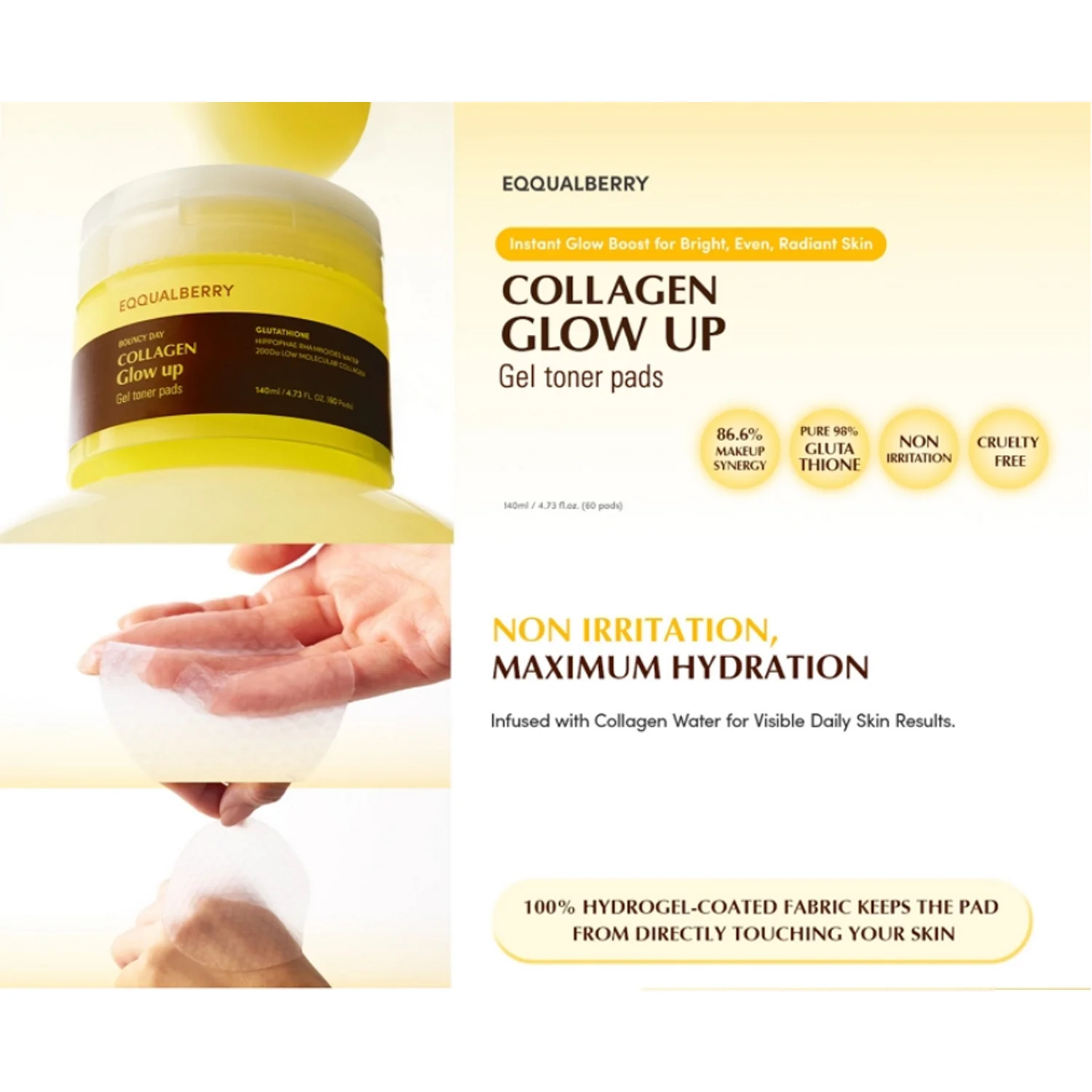 Eqqualberry Collagen Glow Up Gel Toner Pads 140ml – Image 2