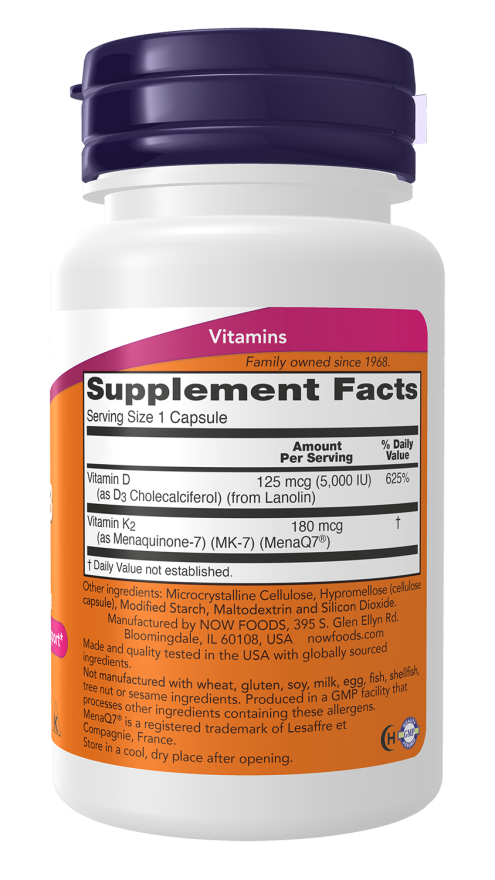 Now Foods Mega D-3 & MK-7 180 mcg 5,000 IU 60 Veg Capsules – Image 2